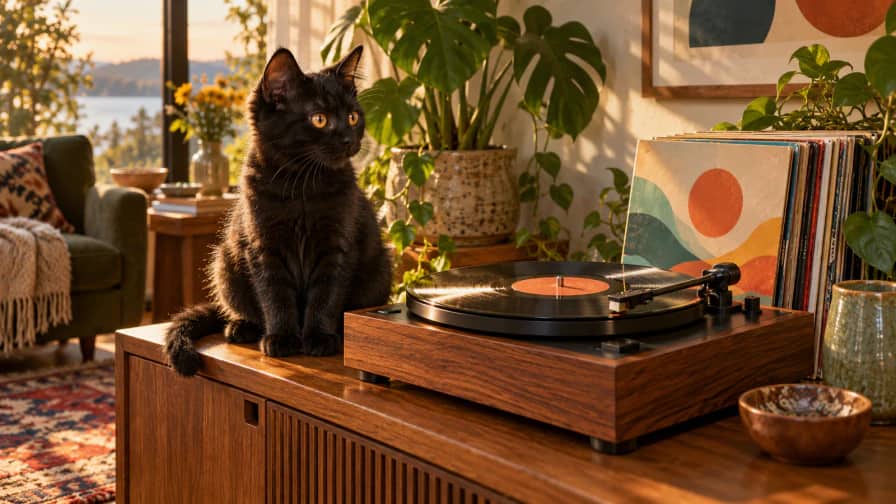Black Kitten beside a Record Player