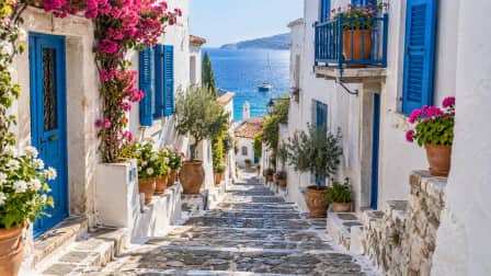 Whitewashed Village Lane by the Sea jigsaw puzzle
