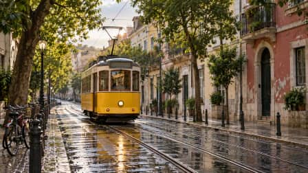Yellow Tram along a Tree-Lined Street jigsaw puzzle