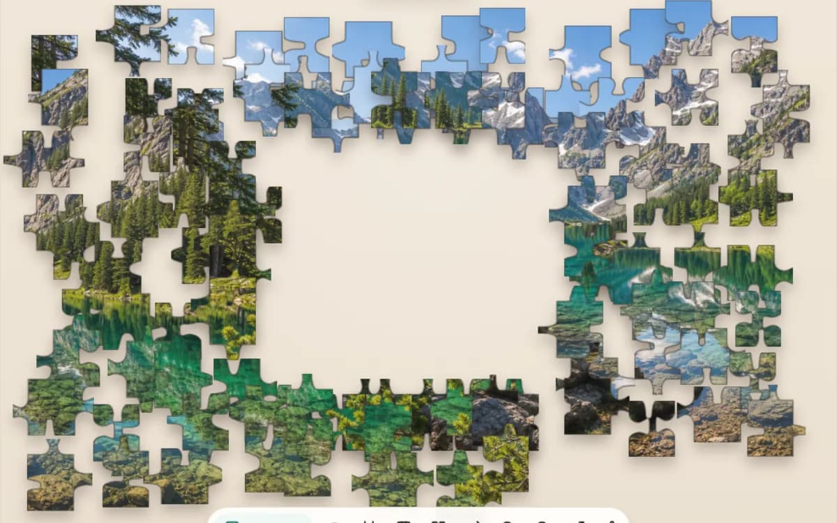 The Emerald Lake puzzle at 300 pieces on Jigsaway, bright water and shoreline pieces spread around an open assembly area.