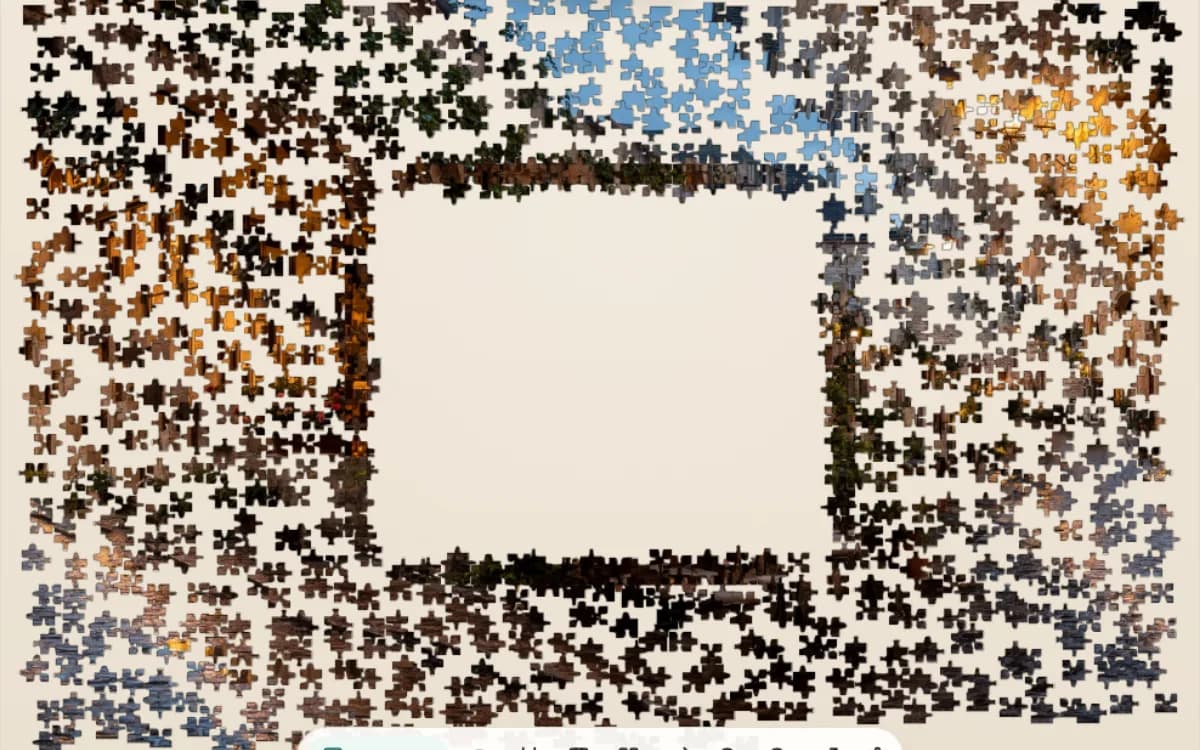 The Old Town Street puzzle at 1000 pieces on Jigsaway, muted stone and shutter pieces scattered around the board with a clear middle.