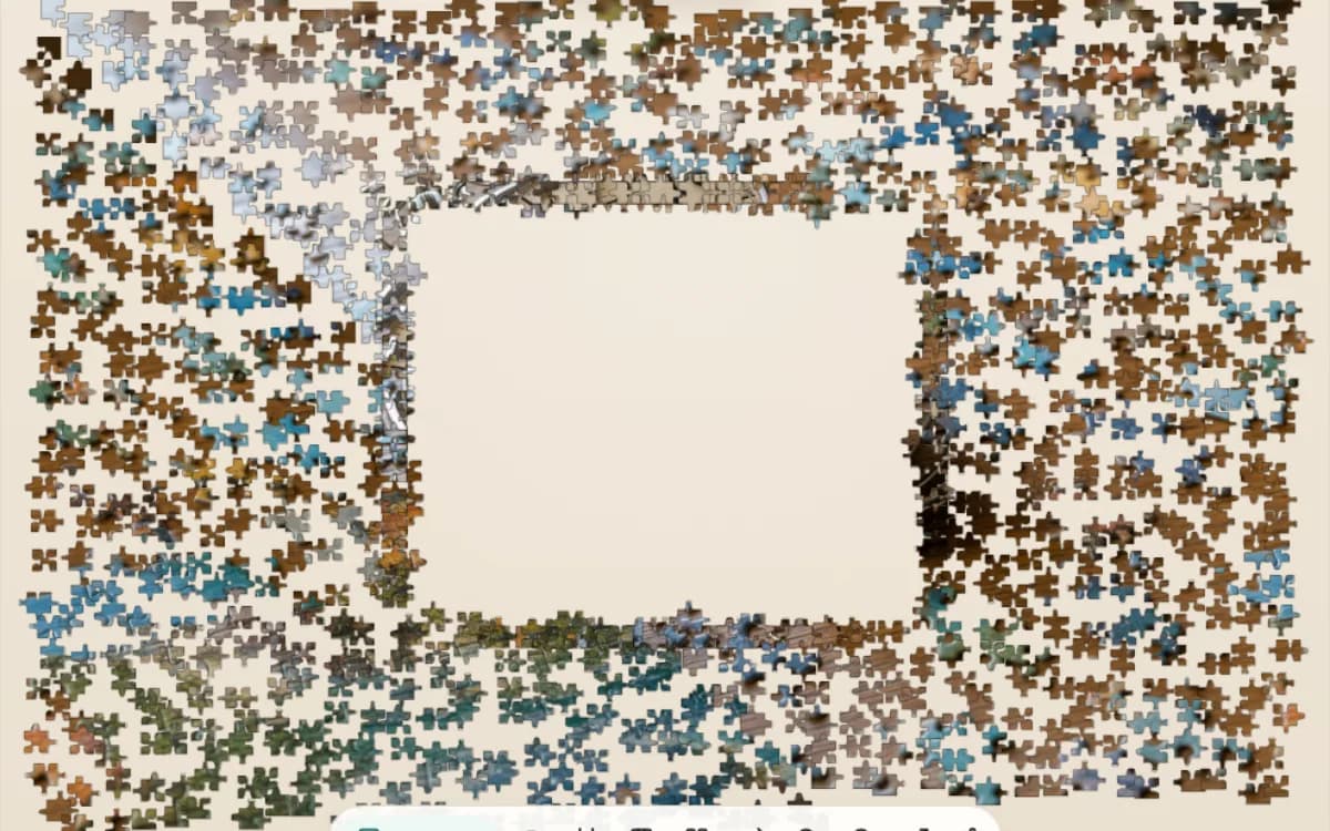 The Patterned Table puzzle at 1000 pieces on Jigsaway, near-identical repeating-pattern pieces spread evenly around the board.