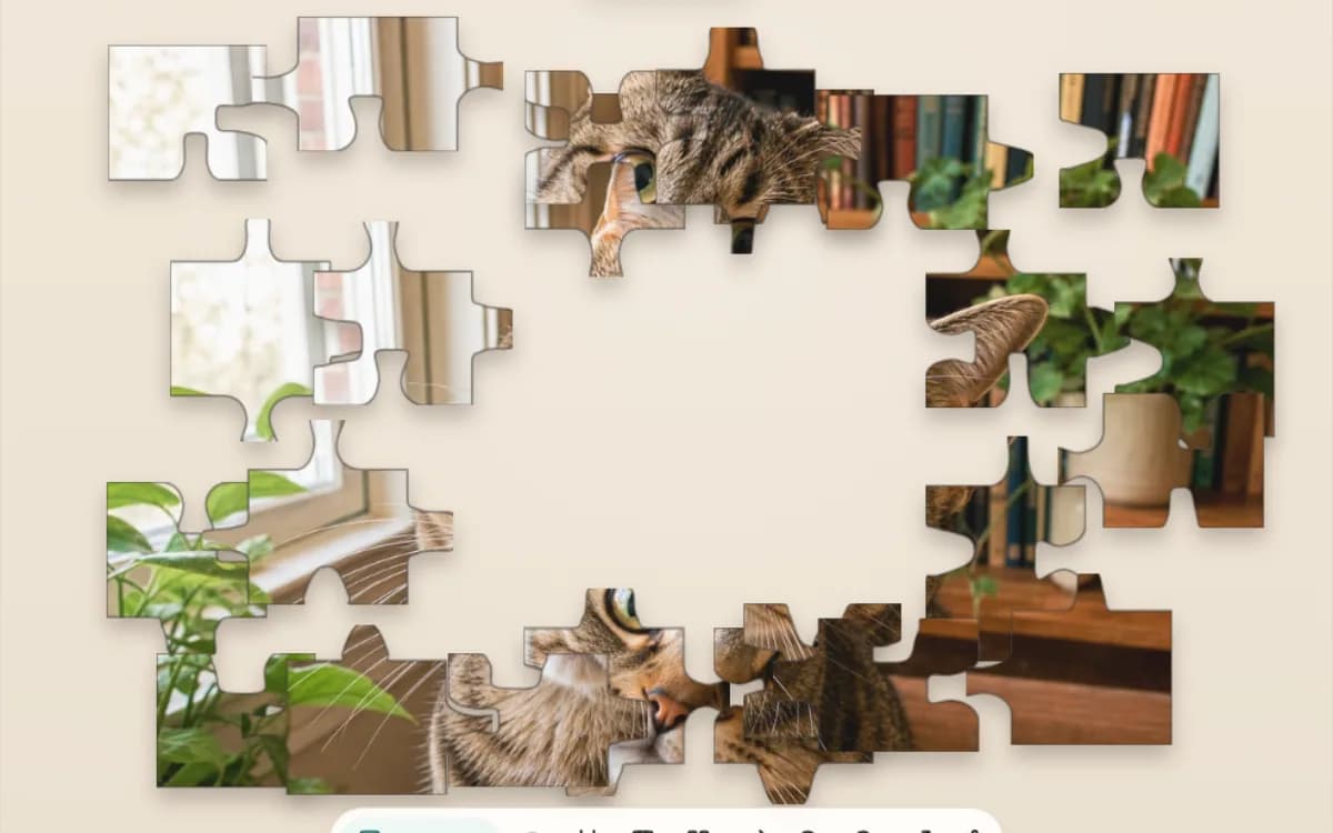 The Curious Kitty puzzle open on Jigsaway at 24 pieces, the cat photo broken into chunky pieces spread around an open middle.