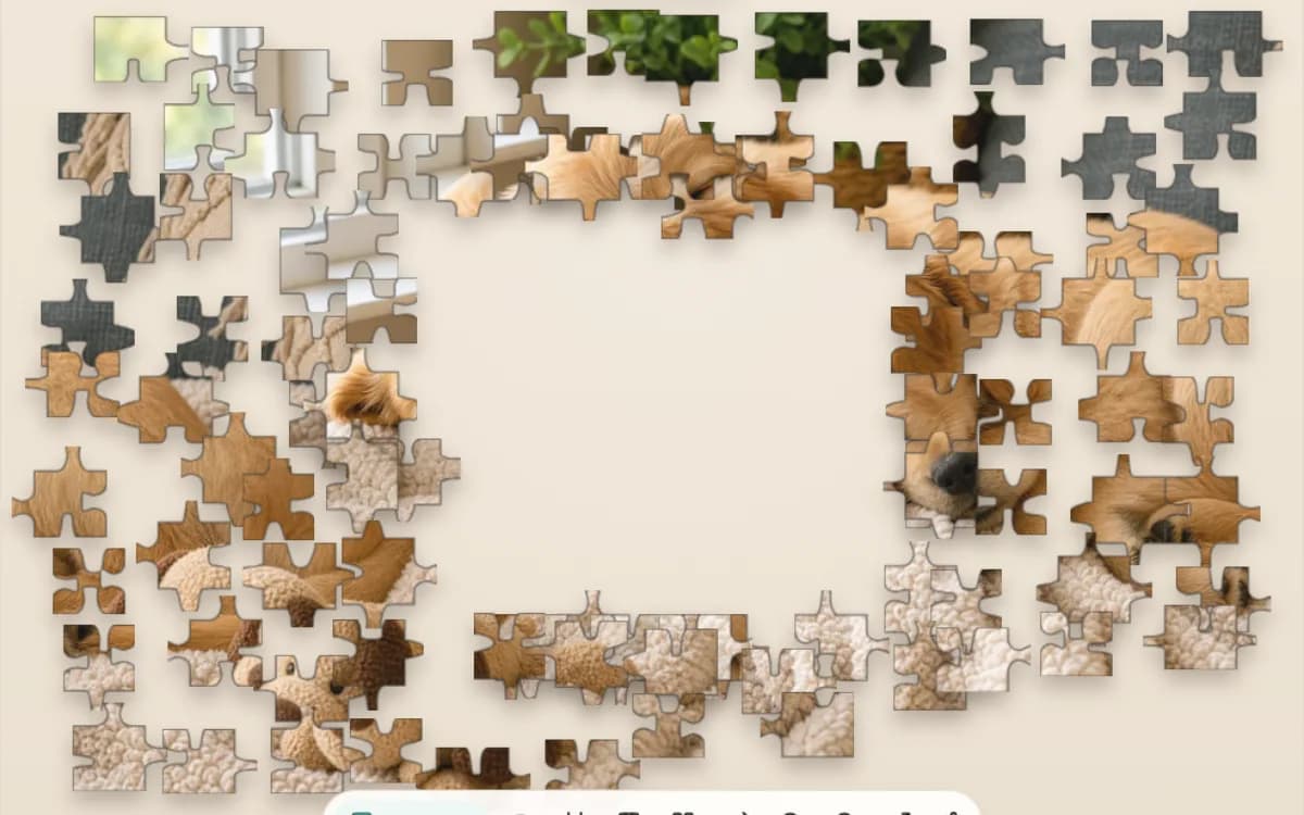 The Puppy Nap puzzle set to 24 easy pieces on Jigsaway, a sleeping golden puppy spread into large pieces around the board.