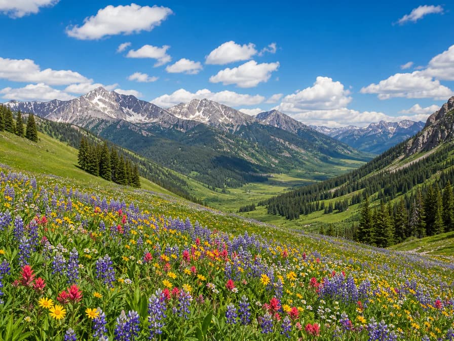 A valley filled with bands of bright wildflowers beneath rolling hills.