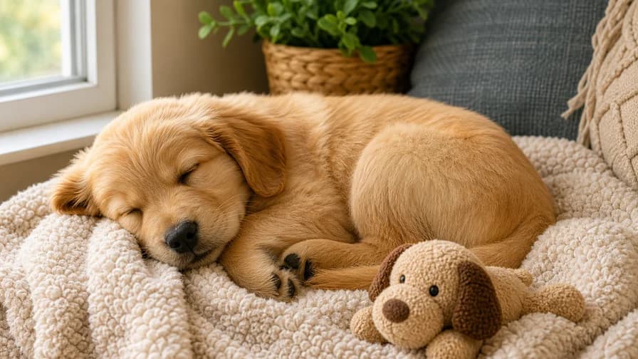 A golden puppy asleep on a soft blanket beside a small toy dog.