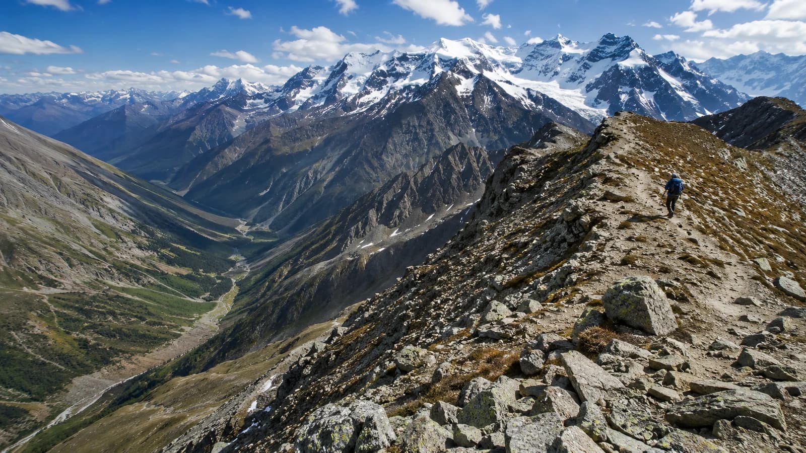 A long rocky mountain ridge with patches of snow under a blue sky.
