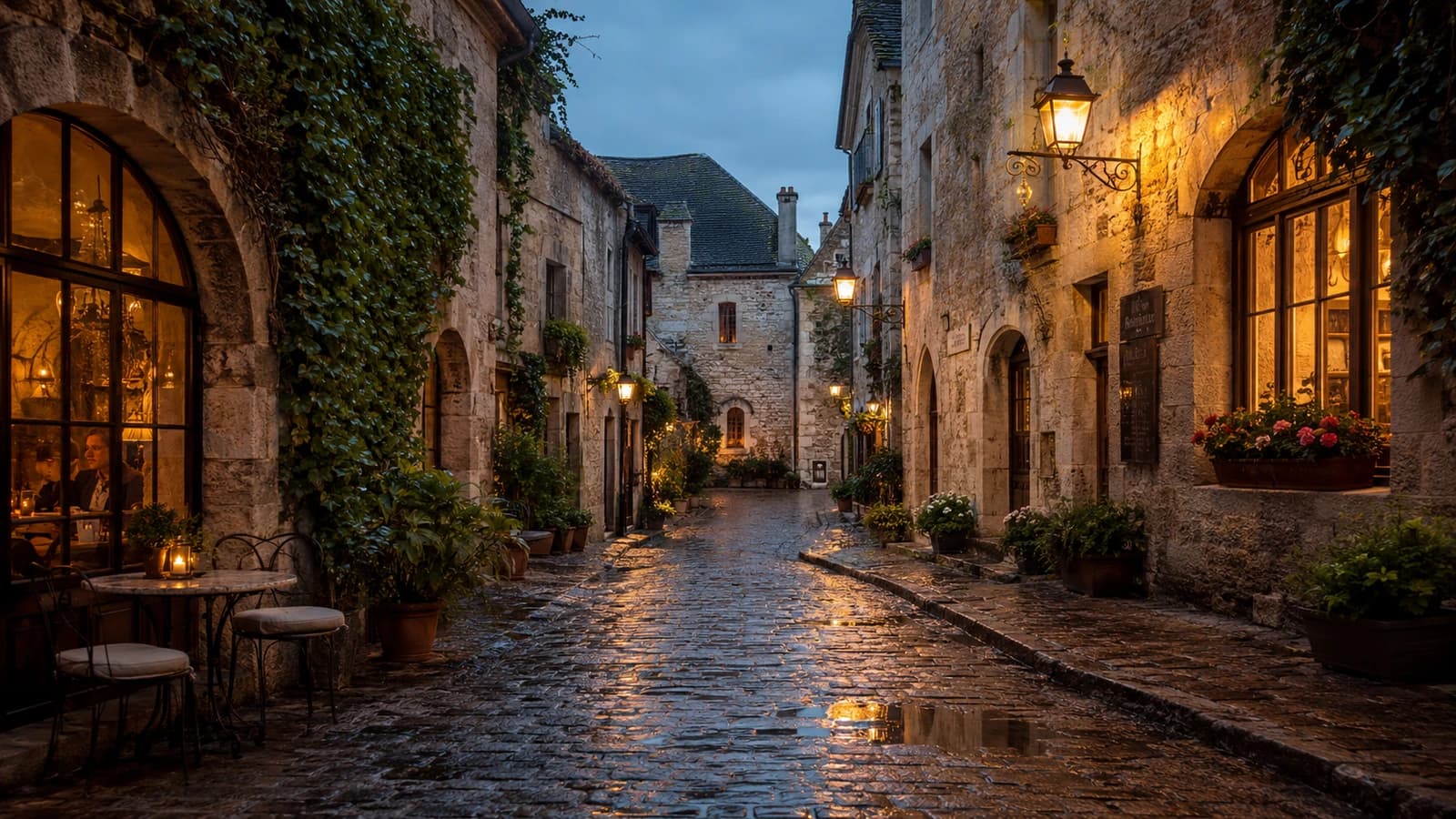 A narrow rain-washed old-town street lined with shutters and stone walls.