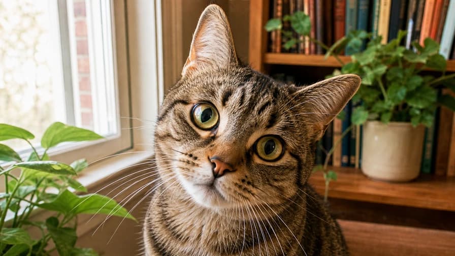 A tabby cat at a sunny window with houseplants and a bookshelf behind it.