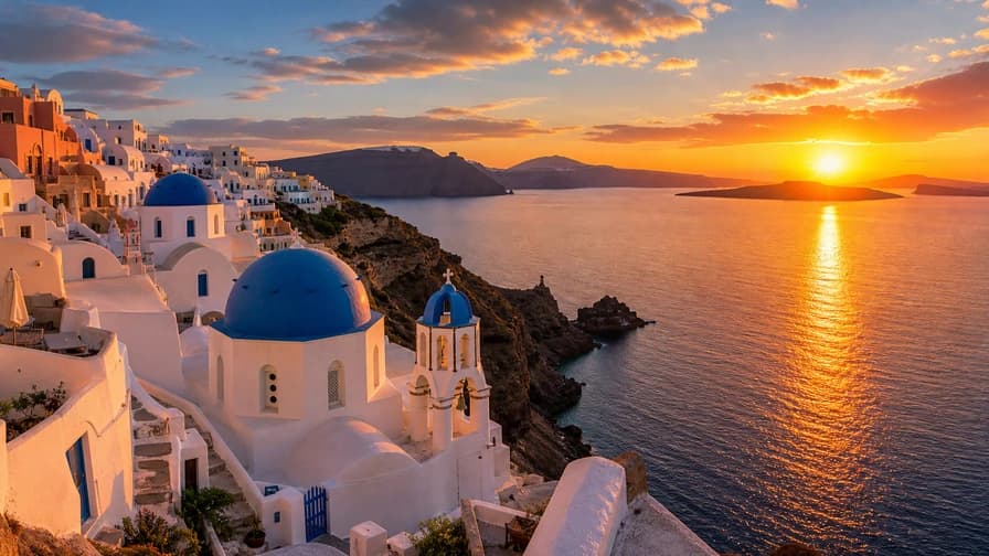 White Santorini houses and blue domes above the sea at sunset.