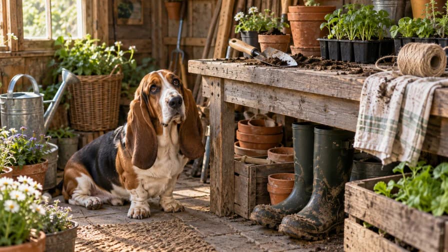 Basset Hound beside a Potting Bench jigsaw puzzle preview