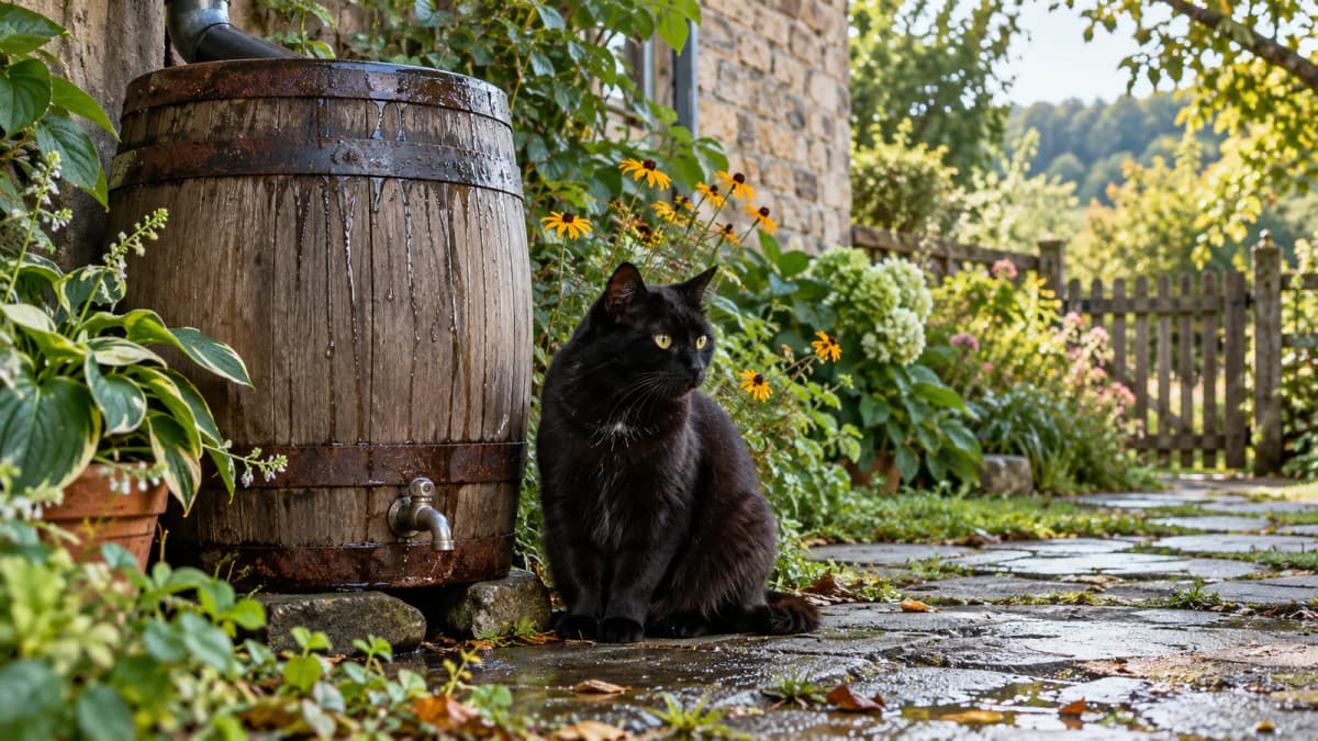Black Cat beside a Rain Barrel jigsaw puzzle preview