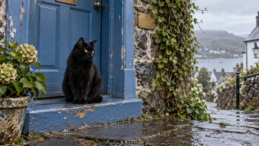 Black Cat on a Blue Doorstep jigsaw puzzle preview