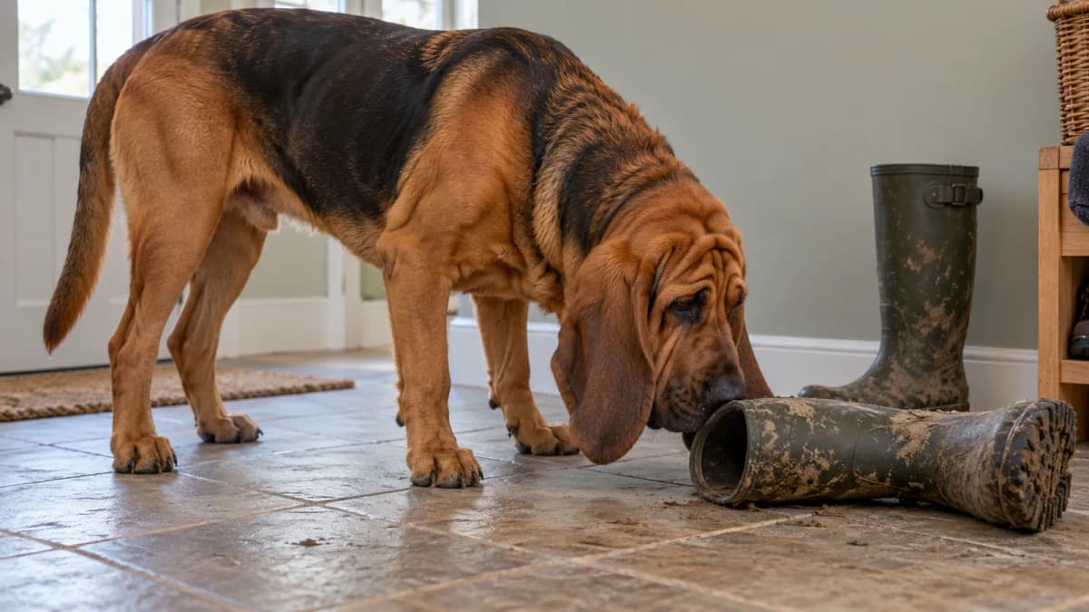 Bloodhound Sniffing a Muddy Boot jigsaw puzzle preview
