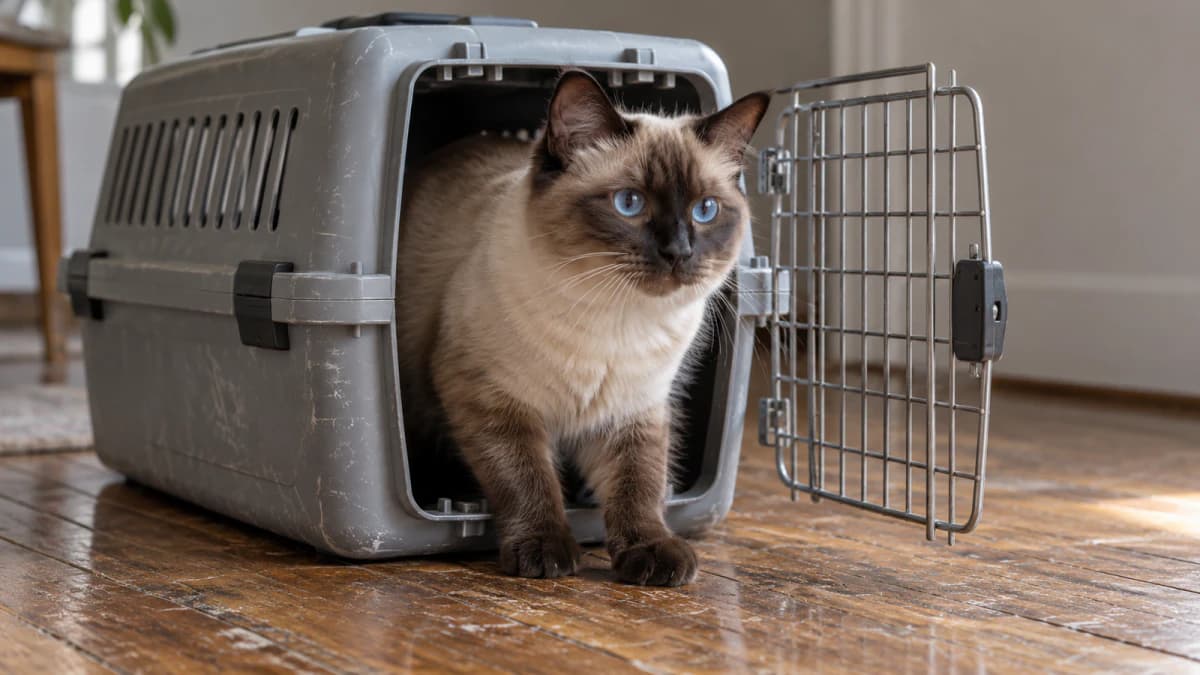 Blue-Eyed Cat in an Open Pet Carrier jigsaw puzzle preview