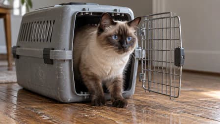 Blue-Eyed Cat in an Open Pet Carrier