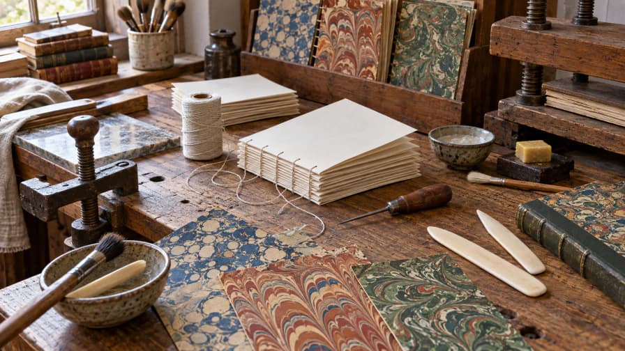 Bookbinding Bench with Marbled Papers jigsaw puzzle preview