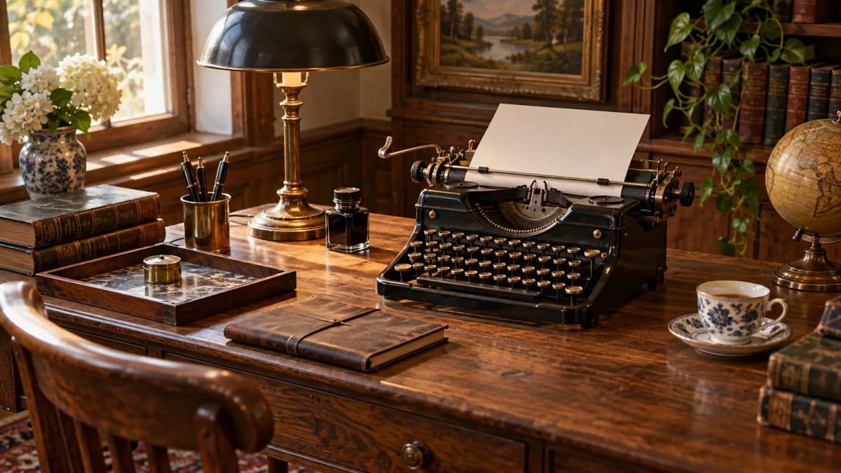 Brass Typewriter on a Writing Desk jigsaw puzzle preview