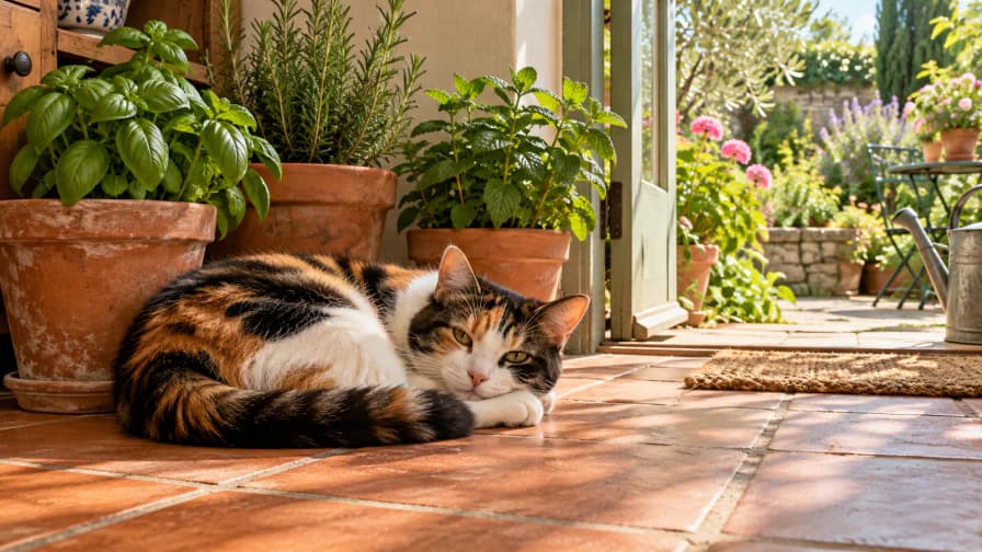 Calico Cat among Potted Herbs jigsaw puzzle preview