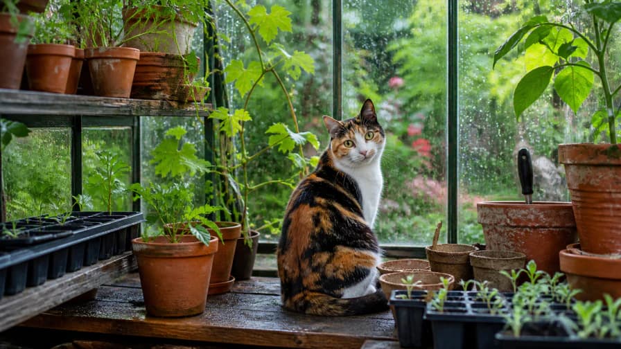 Calico Cat in the Greenhouse jigsaw puzzle preview