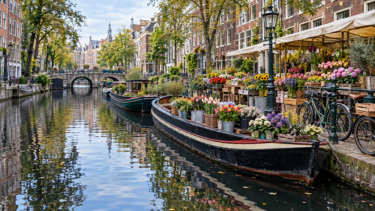 Canal Boats beside a Flower Market jigsaw puzzle preview