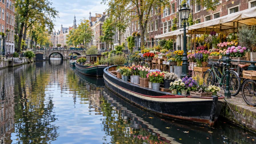 Canal Boats beside a Flower Market jigsaw puzzle preview