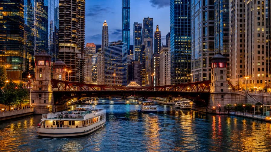 Chicago River and Bridges at Twilight jigsaw puzzle preview