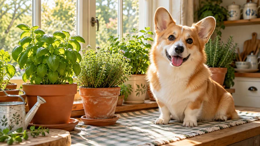 Corgi beside a Window Herb Garden jigsaw puzzle preview