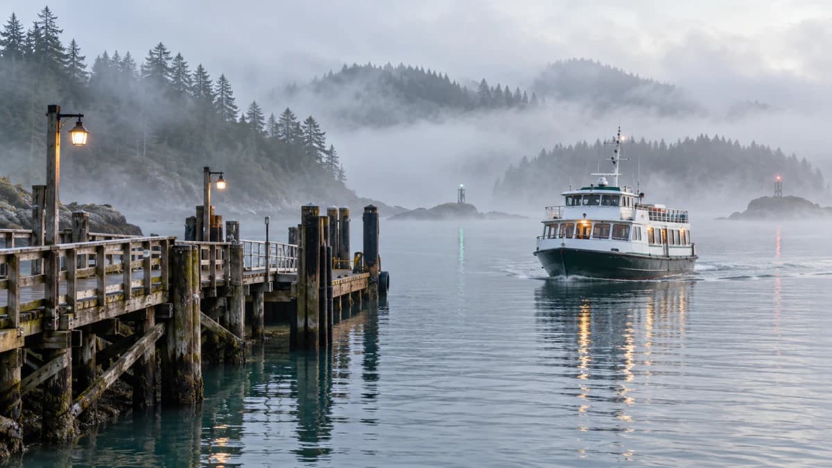 Ferry at a Foggy Island Pier jigsaw puzzle preview
