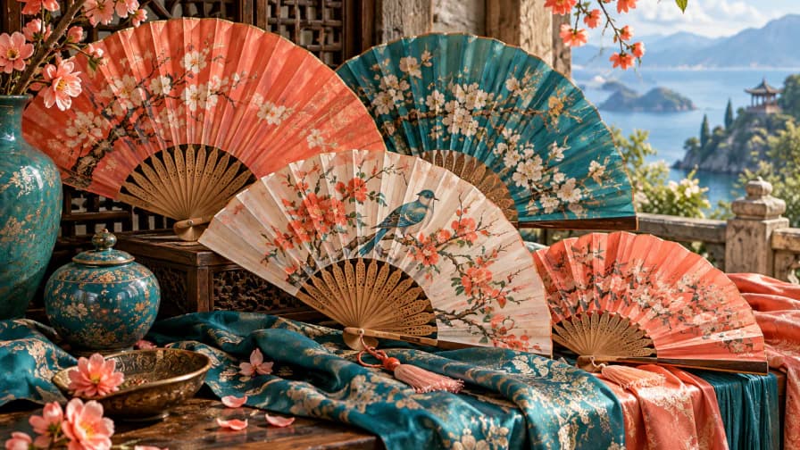 Folding Fans in Coral and Teal jigsaw puzzle