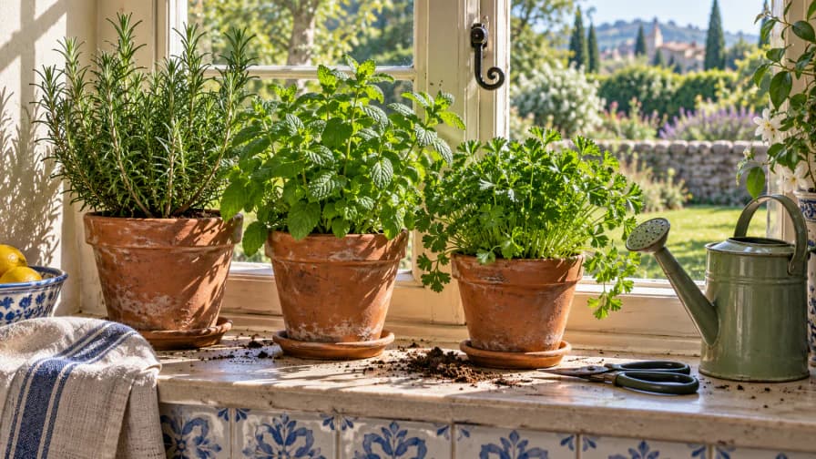 Herb Pots on a Sunny Kitchen Ledge jigsaw puzzle preview