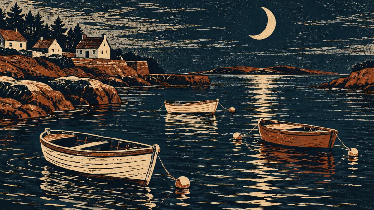 Linocut Boats under a Crescent Moon jigsaw puzzle preview