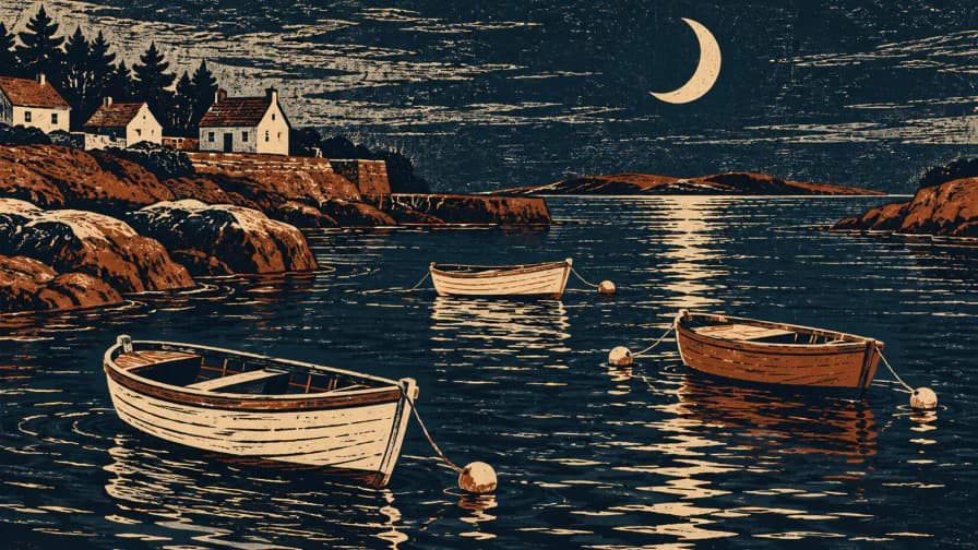 Linocut Boats under a Crescent Moon jigsaw puzzle
