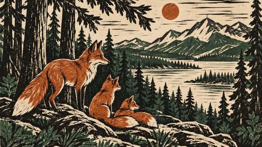 Linocut Foxes beneath Pines jigsaw puzzle