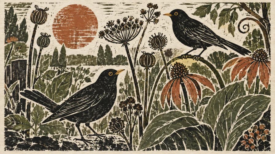 Linocut Garden with Blackbirds jigsaw puzzle preview