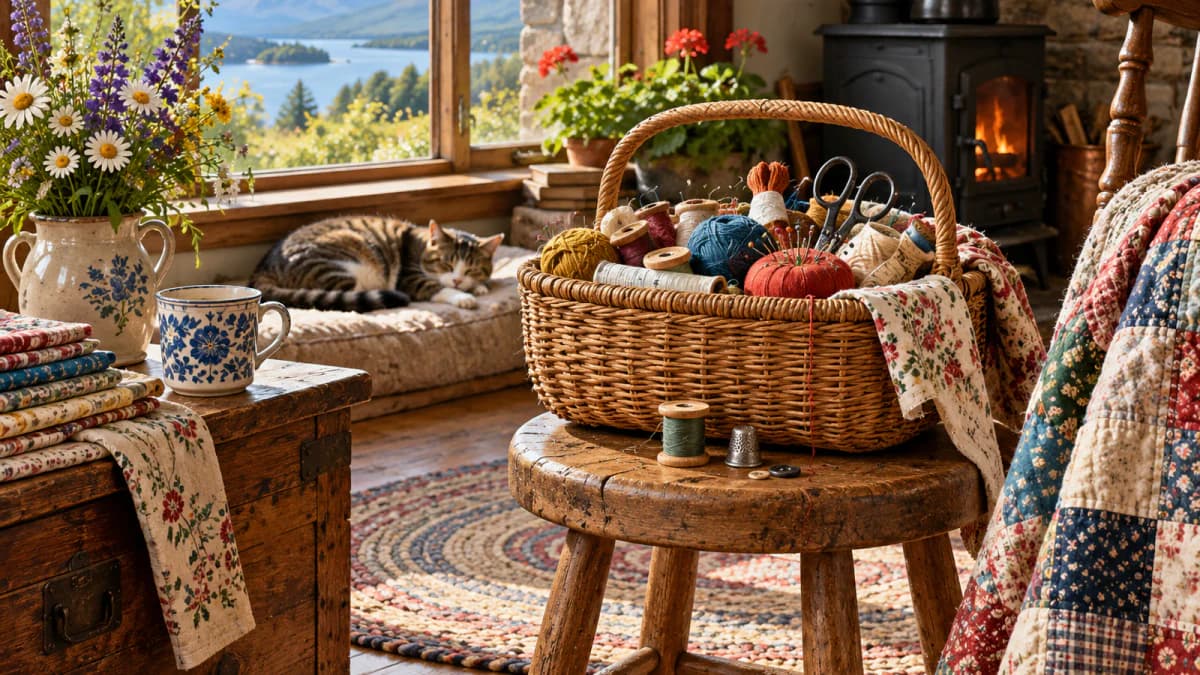 Mending Basket on a Wooden Stool jigsaw puzzle preview