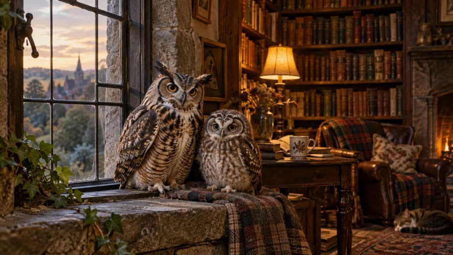 Owls in a Library Window jigsaw puzzle preview