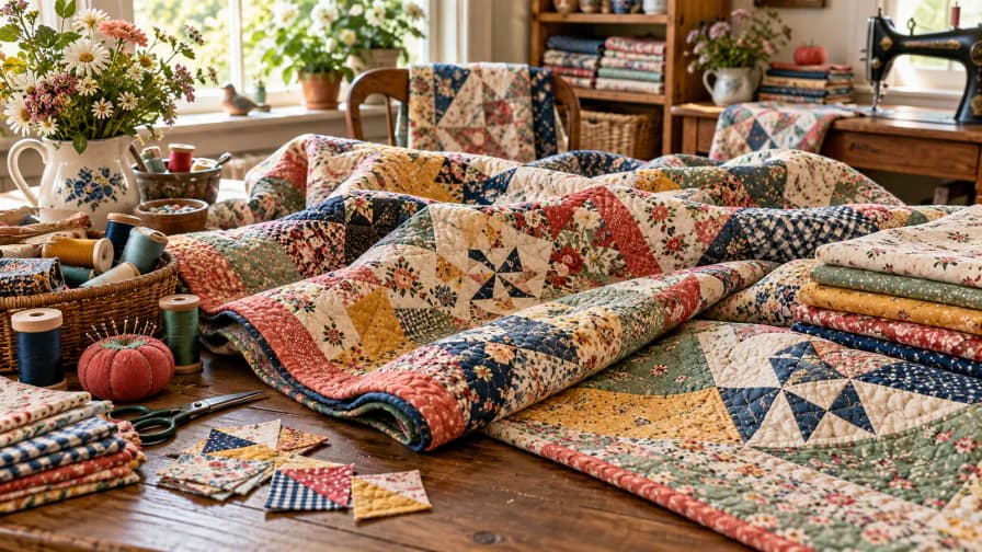 Patchwork Quilts on a Sewing Table jigsaw puzzle preview