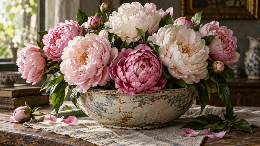 Peonies in a Weathered Ceramic Bowl jigsaw puzzle preview