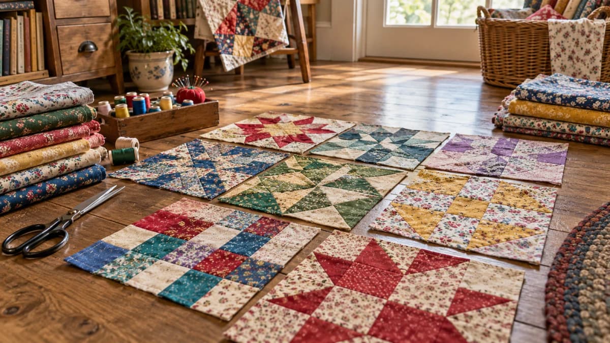 Quilt Squares on a Sewing Room Floor jigsaw puzzle preview