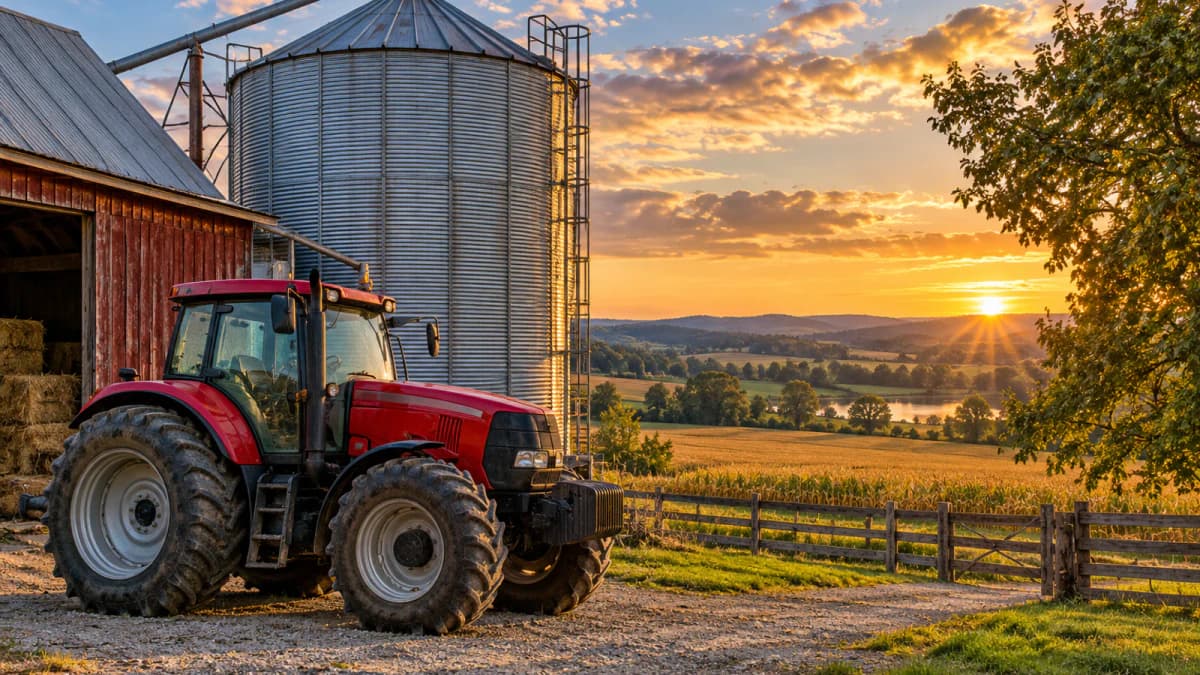 Red Tractor beside a Grain Silo jigsaw puzzle preview