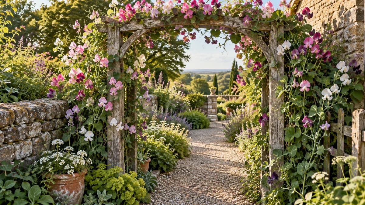 Sweet Peas around a Garden Arch jigsaw puzzle preview