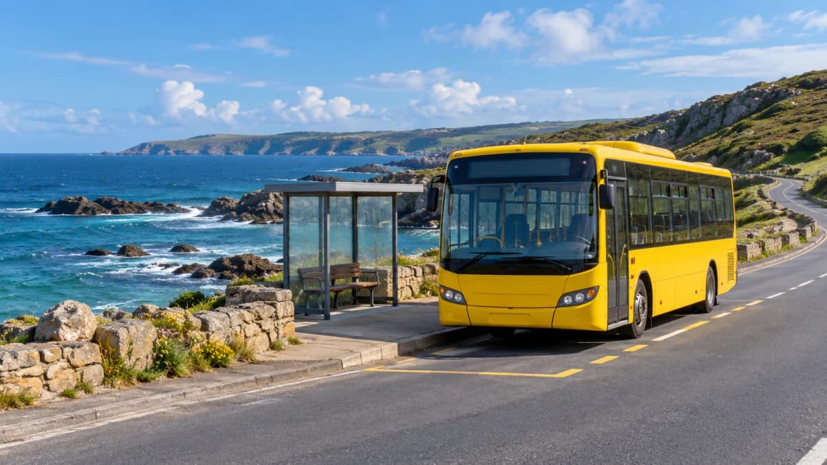 Yellow Bus at a Coastal Stop jigsaw puzzle preview