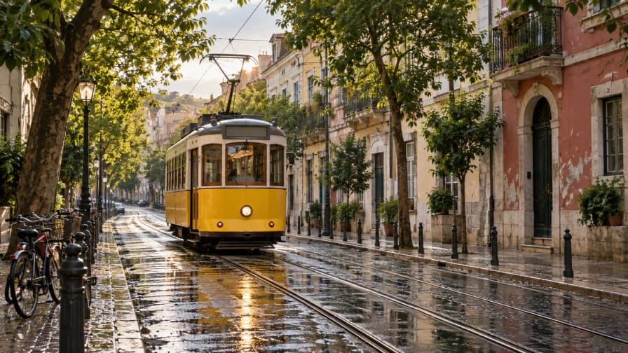 Yellow Tram along a Tree-Lined Street jigsaw puzzle preview