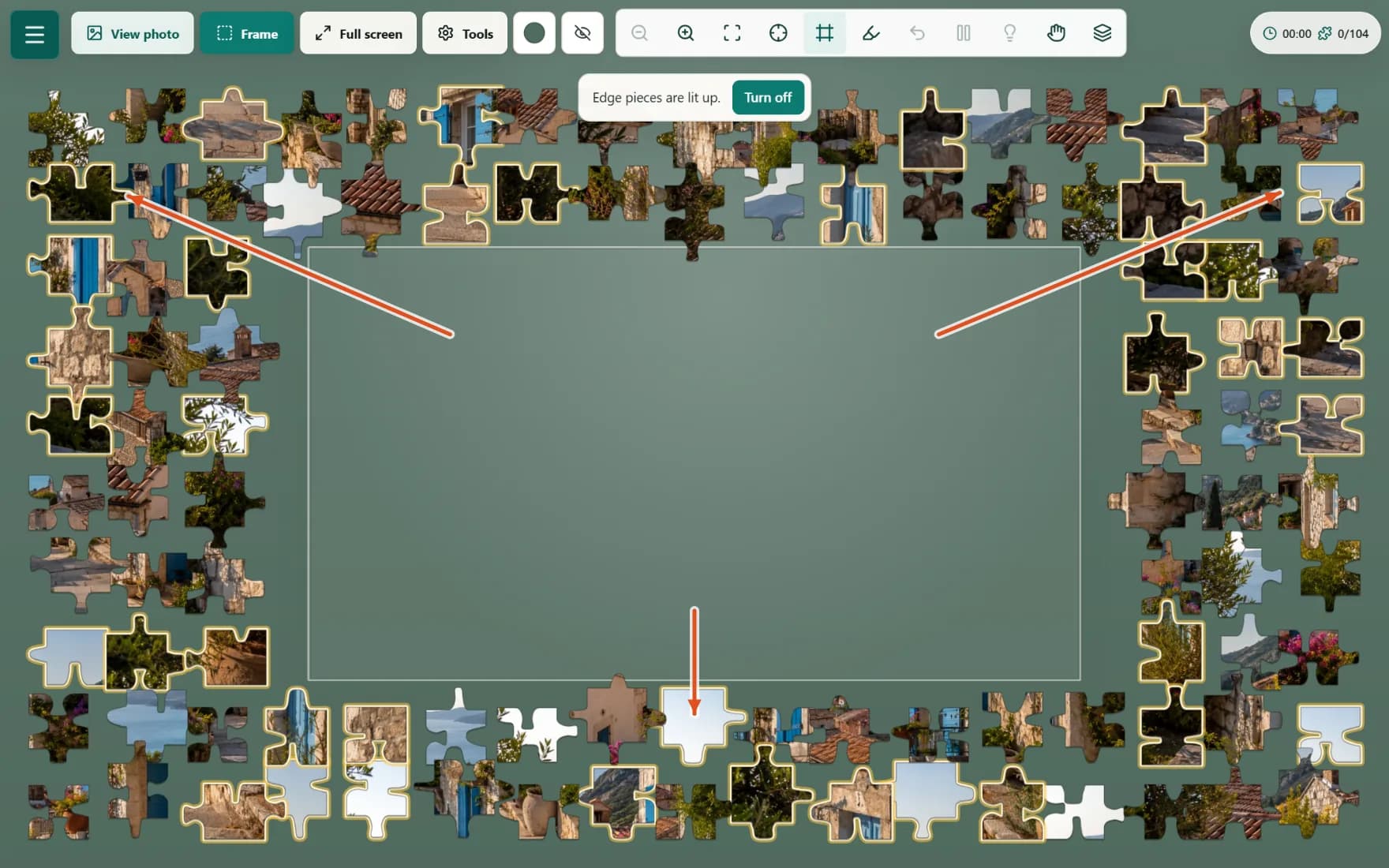 A 104-piece puzzle at the start of a game with Light up edges on: the border pieces glow.