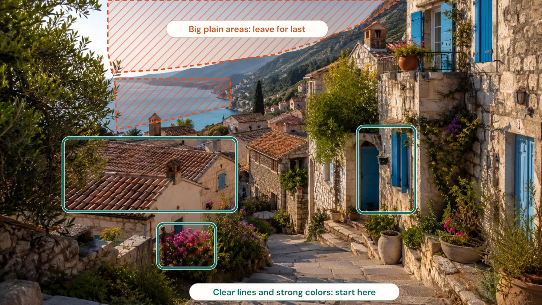 A puzzle picture with the areas of clear lines and strong colors boxed and the big plain areas of sky and sea hatched.
