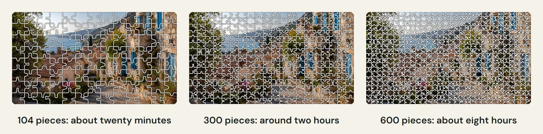 One puzzle cut at 104, 300 and 600 pieces with typical times of about twenty minutes, two hours and eight hours.