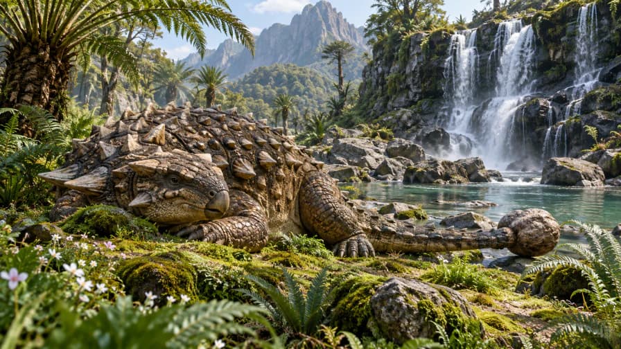Ankylosaurus by a Waterfall jigsaw puzzle preview