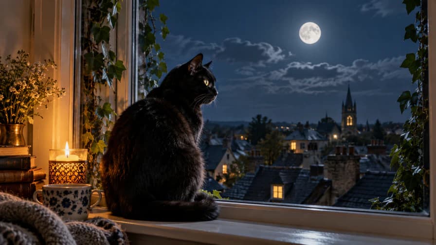 Black Cat on a Moonlit Windowsill jigsaw puzzle preview