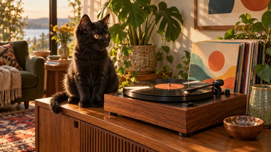 Black Kitten beside a Record Player jigsaw puzzle preview